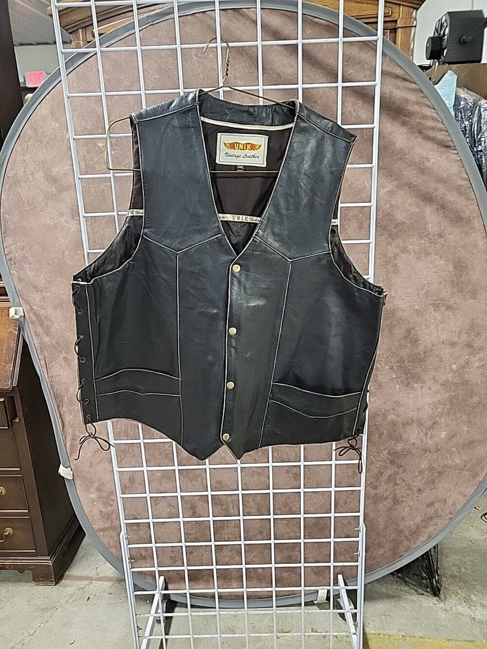 Vtg UNIK Black Lace-up Sides Leather Motorcycle Vest 5XL